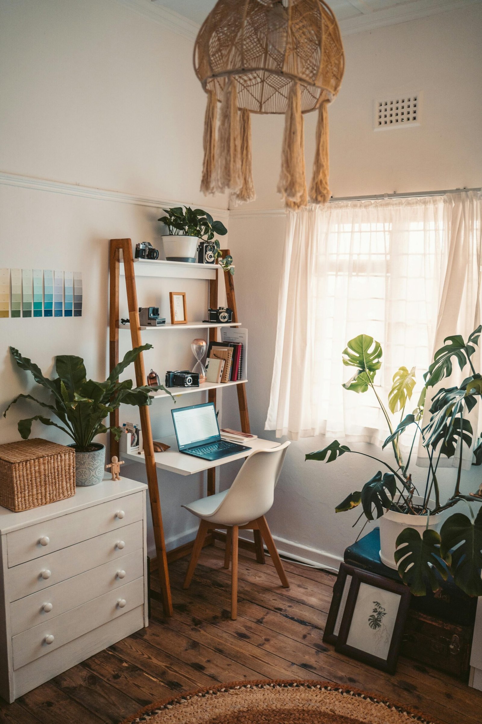 A warm and inviting home office interior with plants and a desk by the window.